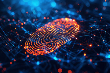 Concept of digital security, electronic fingerprint on scanning screen. Low poly wire outline geometric