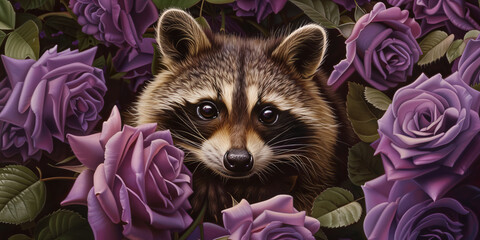 a painting of a raccoon with roses surrounding it, generative AI