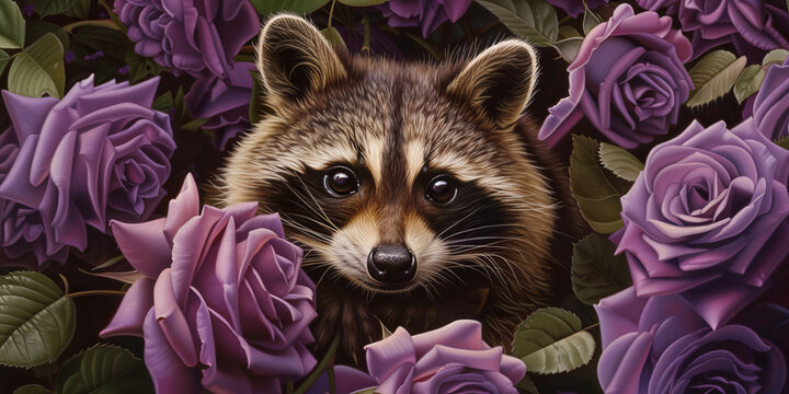 a painting of a raccoon with roses surrounding it, generative AI