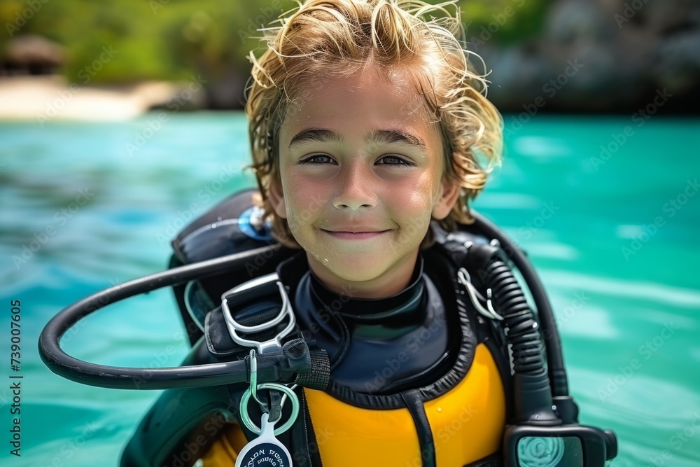 Poster child at diving lessons. background with selective focus and copy space
