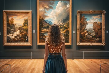 A woman in an art gallery looks at paintings. Background with selective focus and copy space