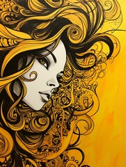 Beautiful girl with long hair and abstract floral pattern. Fashion illustration.