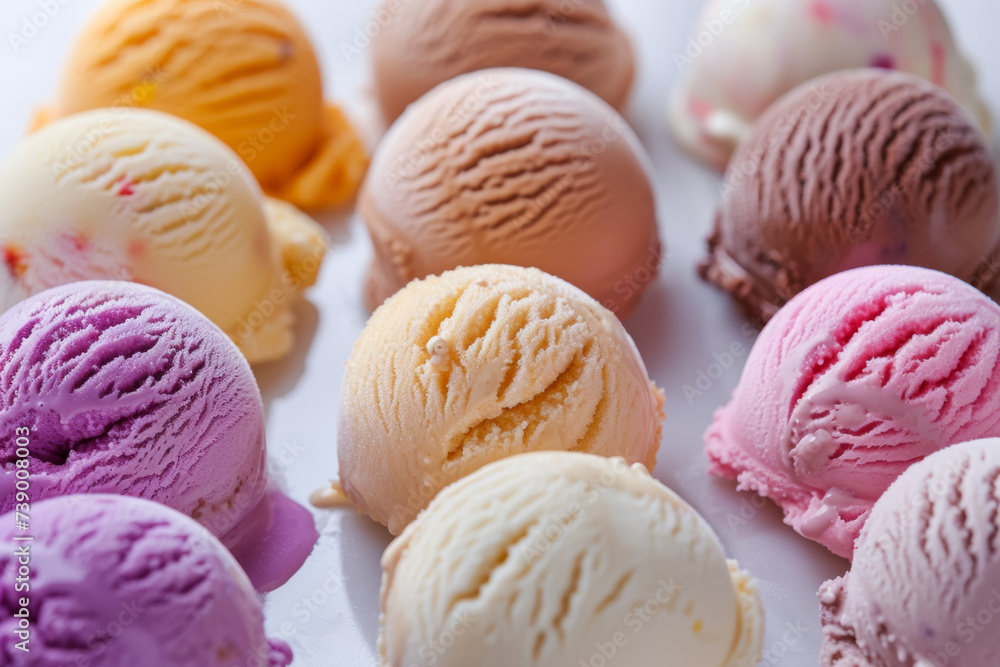Poster a set of scoops of different ice creams. background with selective focus and copy space
