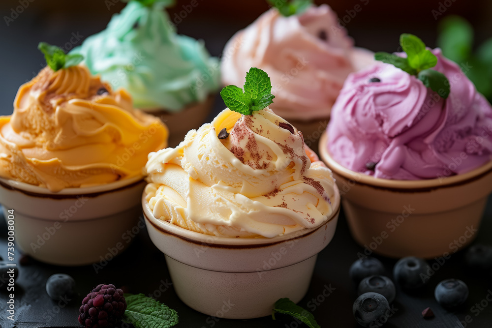 Poster different kinds of ice-cream. background with selective focus and copy space