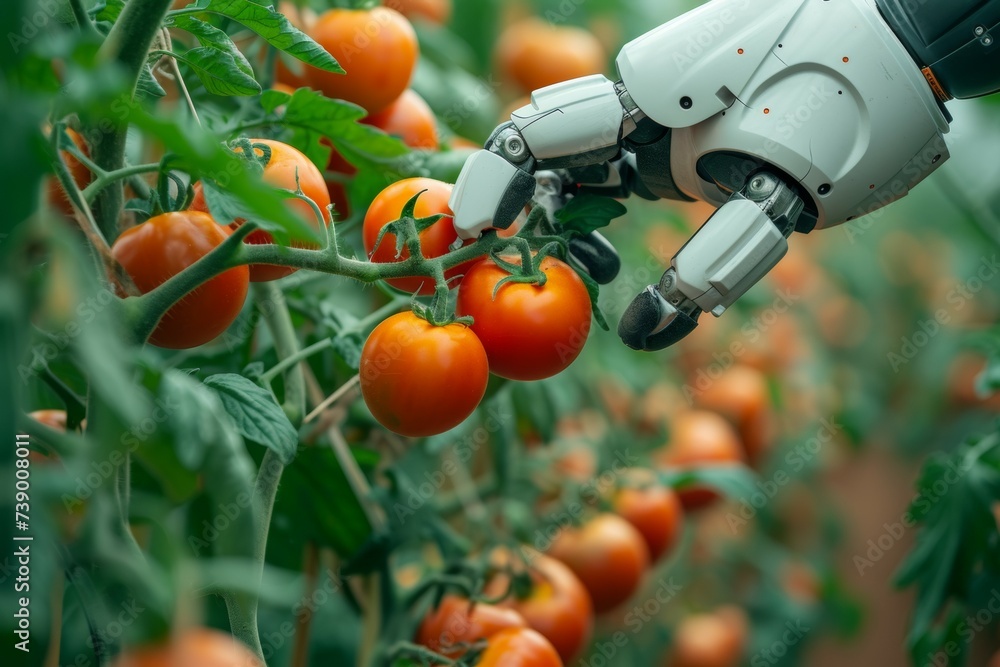 Aufkleber a robot hand works on a modern farm. background with selective focus and copy space