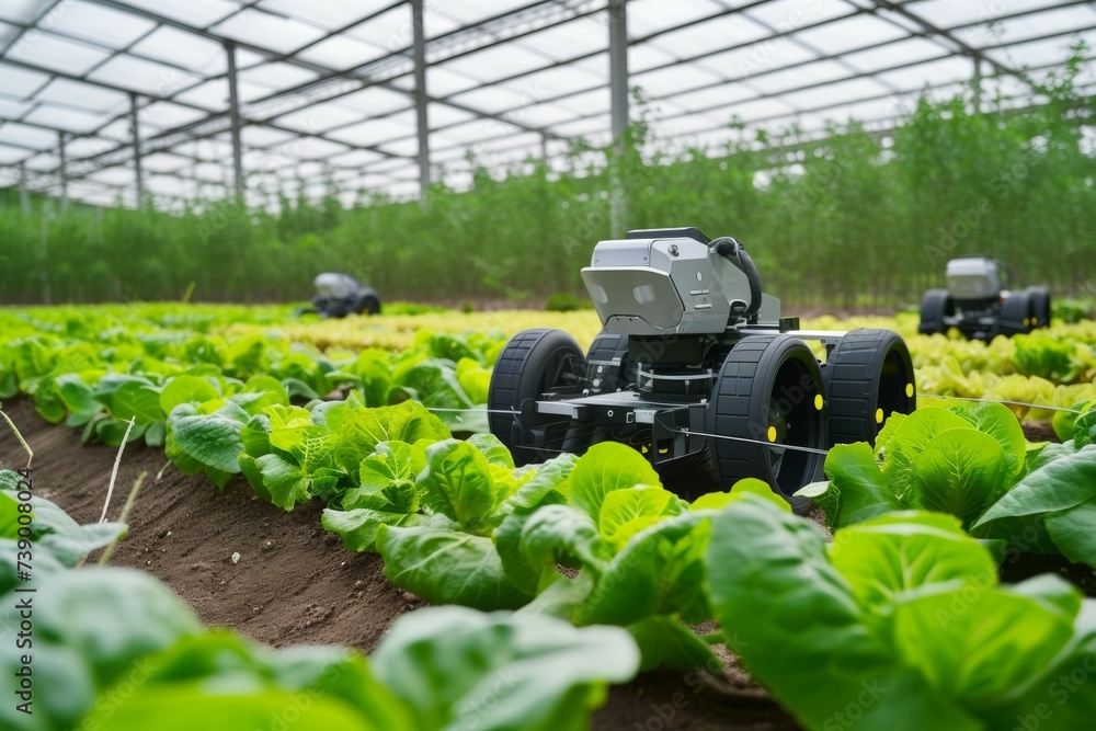 Poster modern greenhouse with robots. background with selective focus and copy space