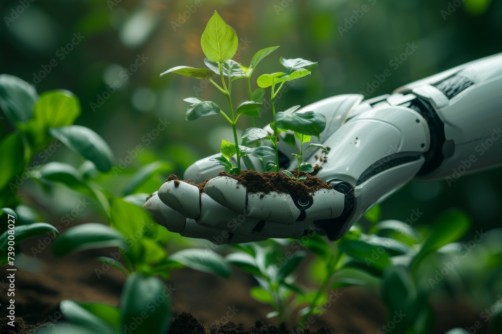 Poster a robot hand works on a modern farm. background with selective focus and copy space