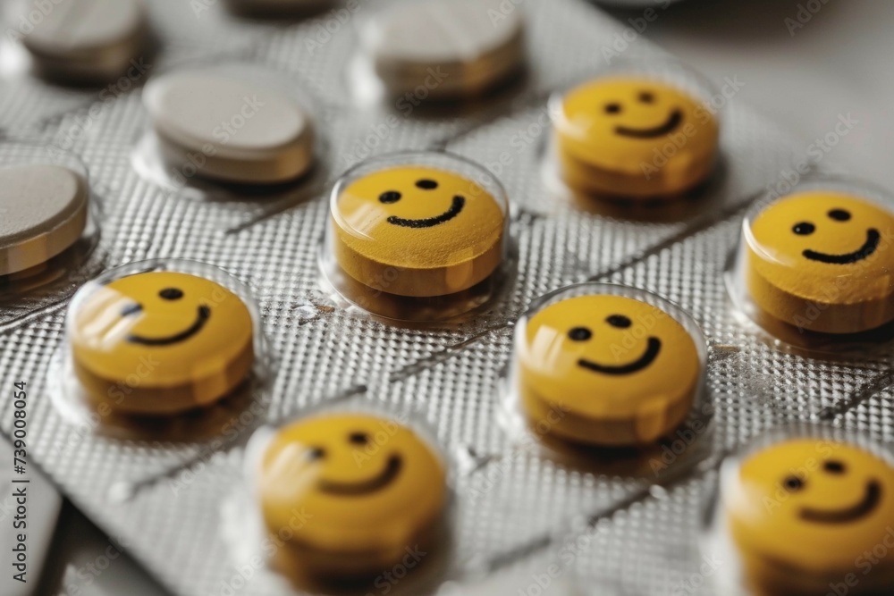 Poster antidepressants in pills. background with selective focus and copy space