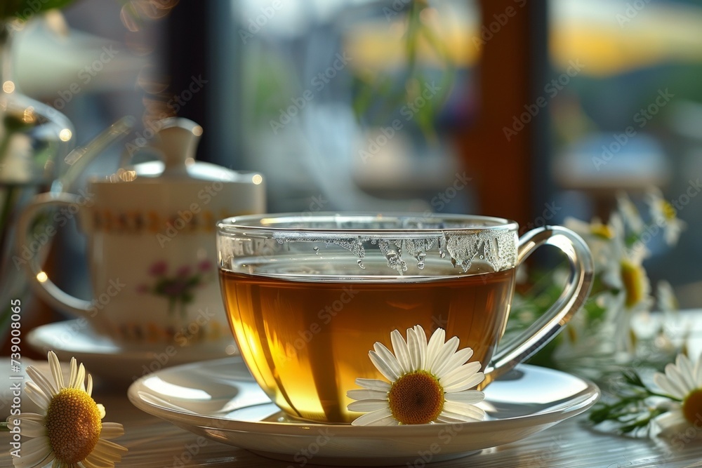 Poster chamomile tea in a transparent mug. background with selective focus and copy space