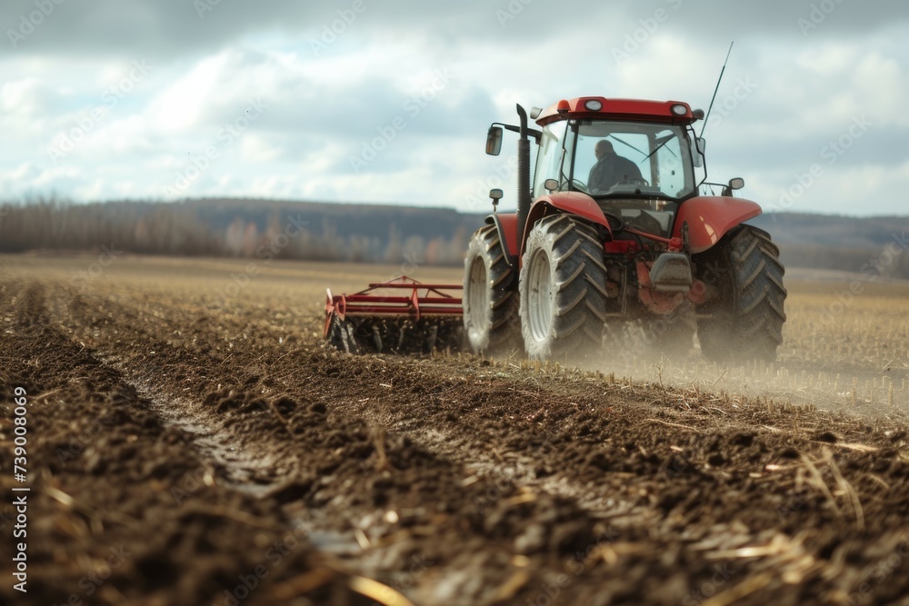 Poster tractor in the field. background with selective focus and copy space