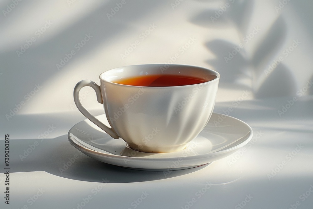 Poster tea in a mug on a saucer. background with selective focus and copy space