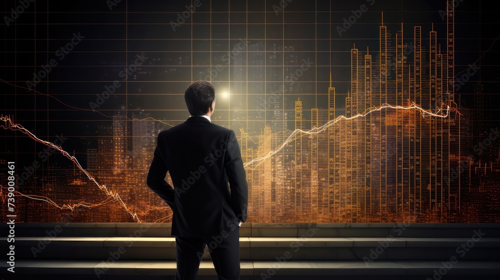 Poster a successful businessman is looking out the glass window of an office building, seeing a large scree