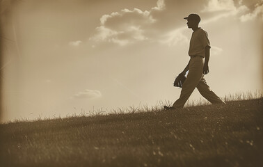 A vintage photo of a baseball player walking along the field - Powered by Adobe