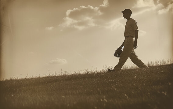 A vintage photo of a baseball player walking along the field