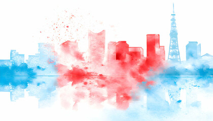 Abstract Tokyo cityscape background and serene sunset over a calm lake on digital art concept.