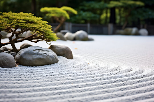 Japanese garden with japanese zen garden, close up.