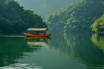 Leisure boat floating on a tranquil lake Capturing the essence of peaceful water activities and the beauty of nature's landscapes.