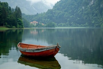 Fototapeta na wymiar Leisure boat floating on a tranquil lake Capturing the essence of peaceful water activities and the beauty of nature's landscapes.