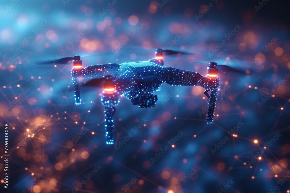 Poster drone hologram made of dots. invention and research concept. backdrop with selective focus and copy 