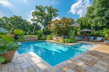 Lush backyard with a luxurious swimming pool Showcasing outdoor leisure and high-end home design for summertime enjoyment.