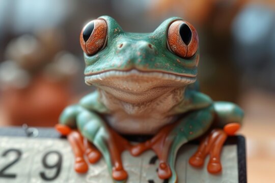 Frog in Leap Day concept. Backdrop with selective focus and copy space