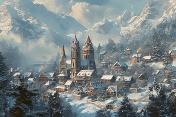 Snow village. Winter background . 