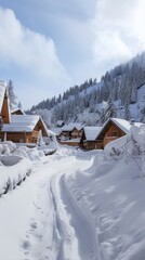 Snow village. Winter background . Vertical background 