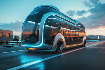 An autonomous smart vehicle future transportation option could be a hybrid futuristic electric shuttle bus AI Generative - obrazy, fototapety, plakaty