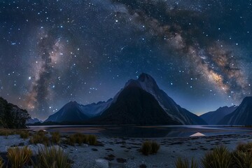 Majestic mountain range under a starry night sky With a clear view of the milky way arching over the untouched wilderness