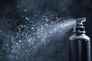 Metallic aerosol can spraying a fine mist of silver glitter against a dark Moody background.