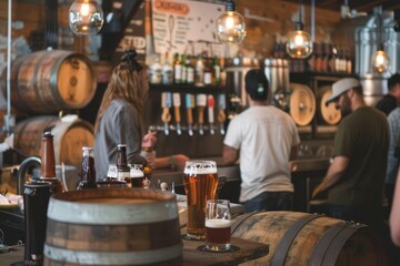 Microbrewery interior with craft beer taps Wooden barrels And a bustling atmosphere Where patrons enjoy unique brews and conversations - obrazy, fototapety, plakaty
