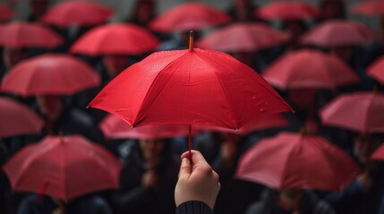 Life insurance concept. Hand of male holding red umbrella and cover wood people from crowd of employees. Human resource management.