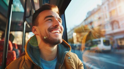 Happy man riding in a bus. Urban lifestyle concept.