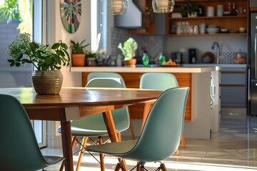 Mid-century inspired dining setup with mint-colored chairs and a round wooden table Creating a fresh and inviting space for social gatherings.