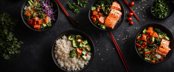Fresh Asian Delight. Salmon Poke Bowl with Avocado and Seaweed - obrazy, fototapety, plakaty