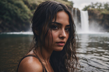 Aquatic Serenity. Young Brunette Woman Embracing Nature's Beauty in the Water
