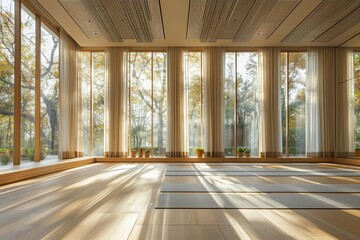 Minimalist yoga studio with natural light flooding through large windows Yoga mats neatly arranged Promoting a serene space for mindfulness and yoga practice.