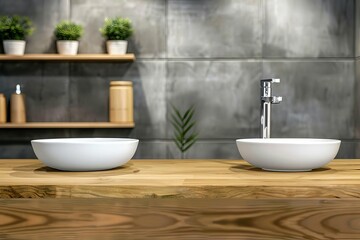 Fototapeta na wymiar Modern bathroom vanity against a blurred background With a wooden countertop ideal for product displays or interior design showcases.
