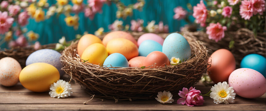 Rustic Easter Delight. Celebrating Spring with Colored Eggs in a Wooden Nest