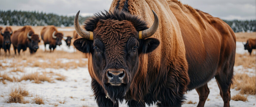 Majestic Bison. Brown Bull Grazing in the Wilderness