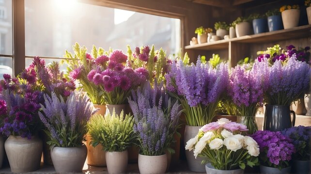 Display of assorted purple flowers in vases at a flower market stand on morning with sunlight rays from Generative AI