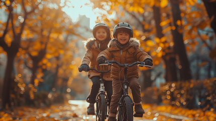 front view of a boy riding a bicycle while his father rides along with the kid. Father teaching his son to ride a bicycle - obrazy, fototapety, plakaty