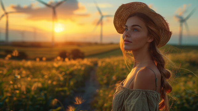  a beautiful woman wearing a sunhat is standing in the meadow with on the banground windmill turbines in the Netherlands at sunset
