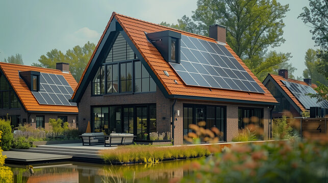 Newly build villa h with solar panels attached on the roof against a sunny sky Close up of new vil building with black solar panels. Zonnepanelen, Zonne energie, Translation: Solar panel, , Sun Energy