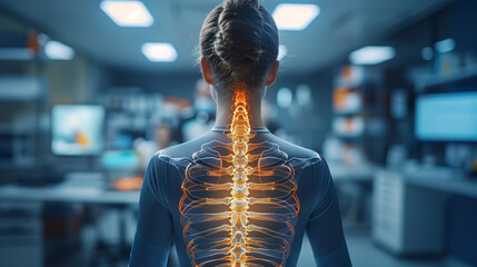 the highlighted spine of a full body of a woman with neck and back pain in the office, medical concept, office syndrome, a woman with neck and back pain