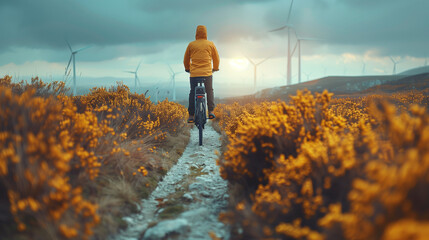 windmill turbines  in the country with a man on a bicycle - obrazy, fototapety, plakaty