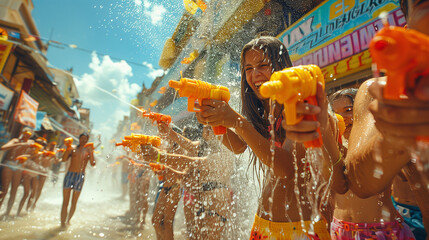 woman playing Songkran in Pattaya Thailand, or tourists with big water guns spraying water in Pattaya Thailand - Powered by Adobe