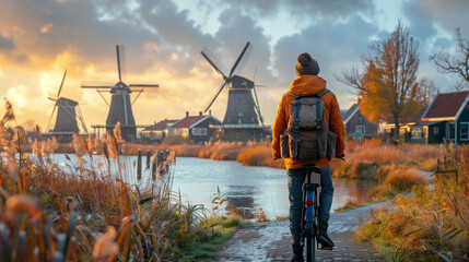 dutch windmill in the country with a man on a bicycle - obrazy, fototapety, plakaty