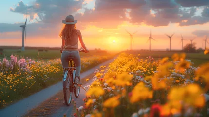 Foto op Canvas a beautiful woman on a bicycle in the meadow with the background windmill turbines in the Netherlands at sunset © Fokke Baarssen