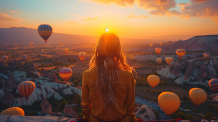 woman on a terrace in front of the hotel at sunrise watching the hot air balloons in Cappadocia Turkey, female in hotel watching sunrise at Kapadokya village - obrazy, fototapety, plakaty